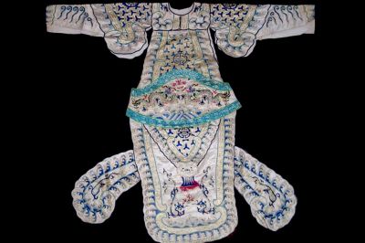 Ancien costume traditionnels de Théâtre Chinois - Robe d’Opéra Chinoise Brodée d’un Dragon Bleu et Blanc