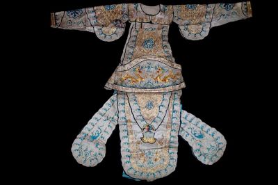 Ancien costume traditionnels de Théâtre Chinois - Tunique d’Opéra Impériale Blanc et Bleu aux Dragons Dorés