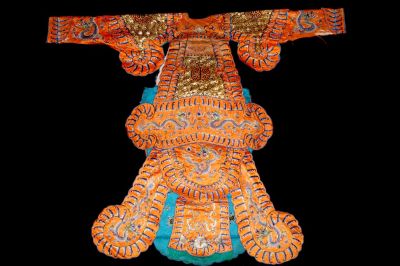Ancien costume traditionnels de Théâtre Chinois - Tunique d’Opéra Impériale Orange au Dragon