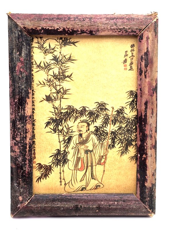 Ancien petit cadre chinois en Bois - Peinture - Le sage dans la forêt de bambou
