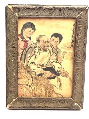 Ancien petit cadre chinois en Bois - Peinture - Le vieil homme et les enfants
