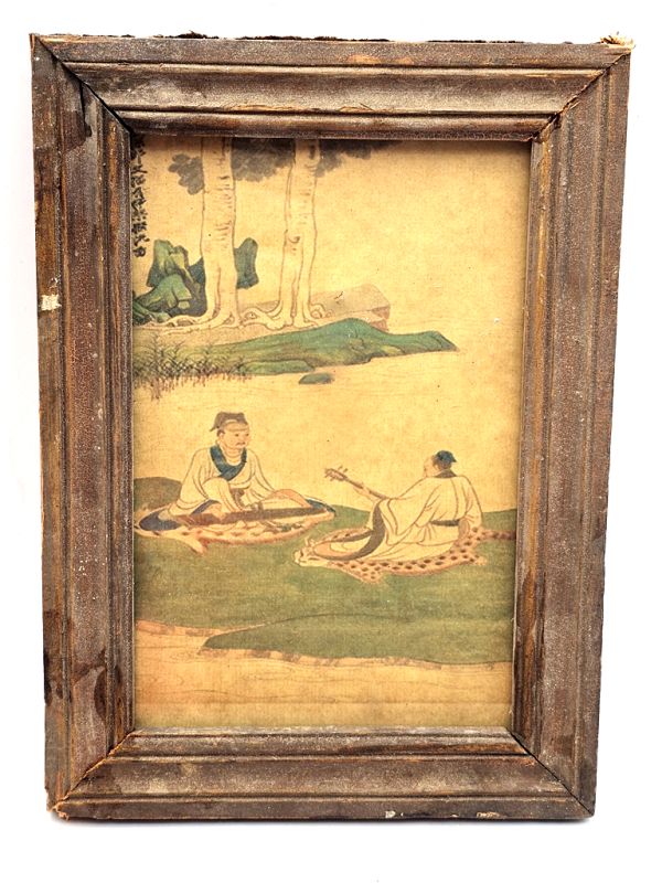 Ancien petit cadre chinois en Bois - Peinture - Les musiciens chinois