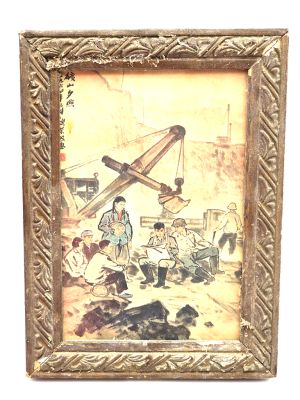 Ancien petit cadre chinois en Bois - Peinture - Les ouvriers sur le chantier
