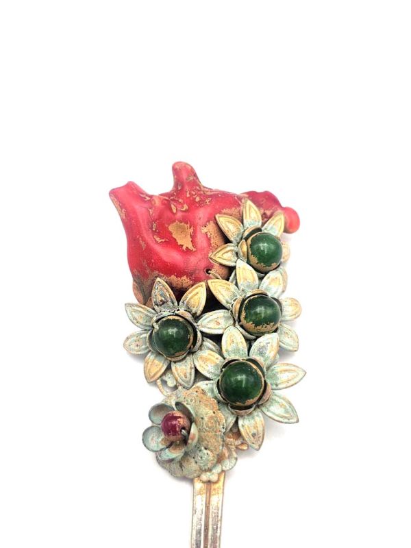 Cliquez sur la vignette pour agrandir et survolez la photo pour zoomer Ancien Pic à cheveux chinois - Corail rouge et Jade 2