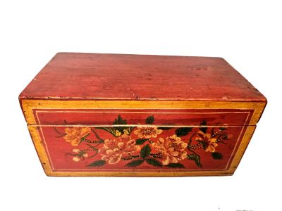 Ancien Coffre Chinois en Bois Rouge et Jaune à Fleurs
