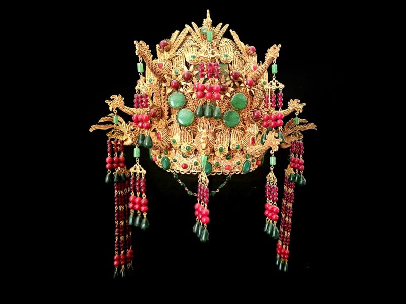 Ancienne Coiffe de théâtre dorée - Empereur et impératrice - Le phénix bleu