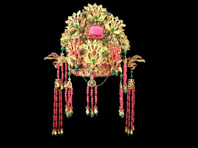 Ancienne Coiffe de théâtre dorée - Empereur et impératrice - Le phénix vert et rose - Impératrice