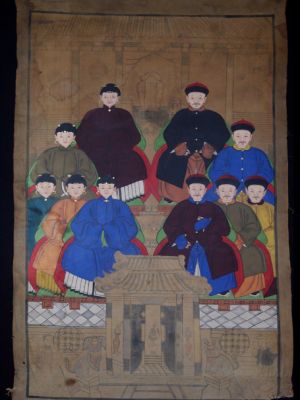 Ancienne Peinture d'ancêtres Chinois sur toile - Famille de dignitaire chinois Ancienne Peinture d'ancêtres Chinois sur toile - Famille de dignitaire chinois