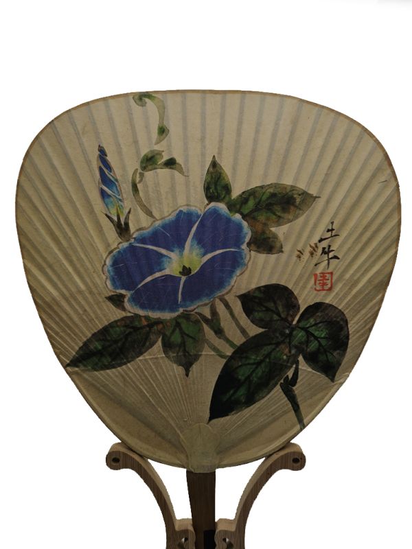 Cliquez sur la vignette pour agrandir et survolez la photo pour zoomer Anciens éventails Japonais - Uchiwa - Papier et bois - Ipomée - Liseron bleu - Amour éphémère 3