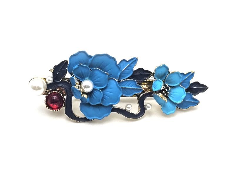 Barrette chinoise en émail - Cloisonnée - Fleurs - Bleu ciel et bleu marine