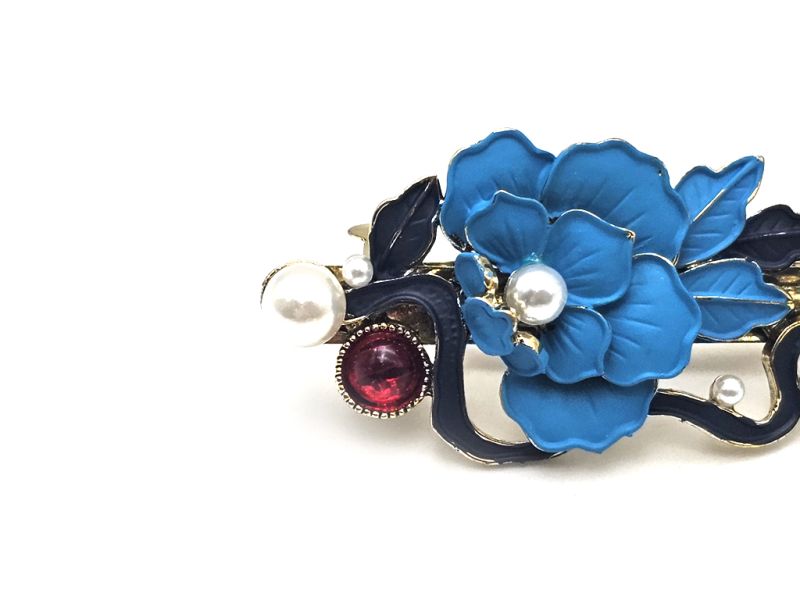 Cliquez sur la vignette pour agrandir et survolez la photo pour zoomer Barrette chinoise en émail - Cloisonnée - Fleurs - Bleu ciel et bleu marine 2