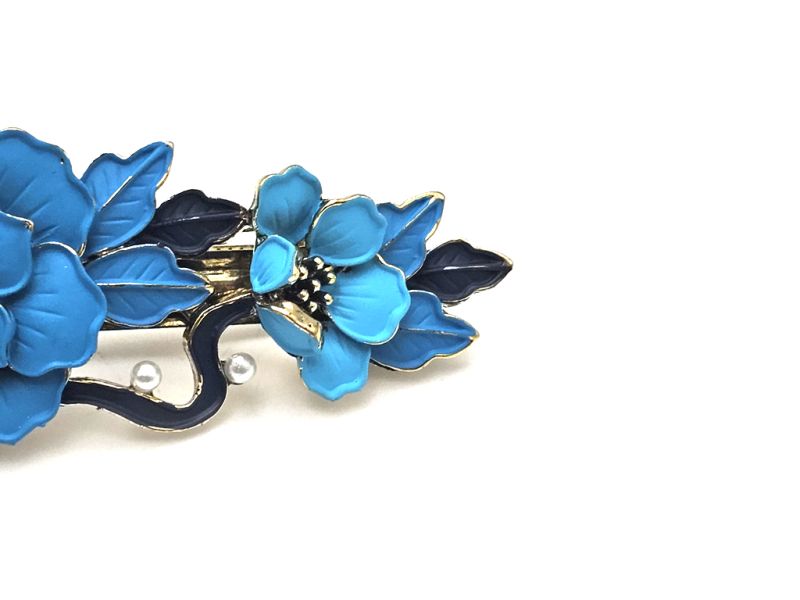 Cliquez sur la vignette pour agrandir et survolez la photo pour zoomer Barrette chinoise en émail - Cloisonnée - Fleurs - Bleu ciel et bleu marine 3