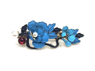 Barrette chinoise en émail - Cloisonnée - Fleurs - Bleu ciel et bleu marine Barrette chinoise en émail - Cloisonnée - Fleurs - Bleu ciel et bleu marine