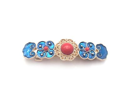 Barrette chinoise en émail - Cloisonnée - Fleurs et perle rouge Barrette chinoise en émail - Cloisonnée - Fleurs et perle rouge
