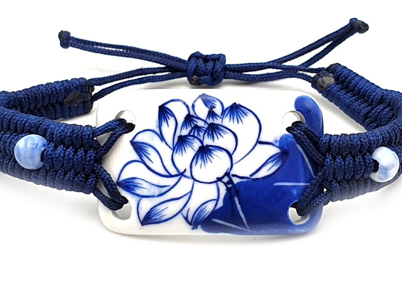 Cliquez sur la vignette pour agrandir et survolez la photo pour zoomer Bijoux Céramique - Collection Blanc Bleu - Bracelet - Chine - Grande fleur de lotus 2
