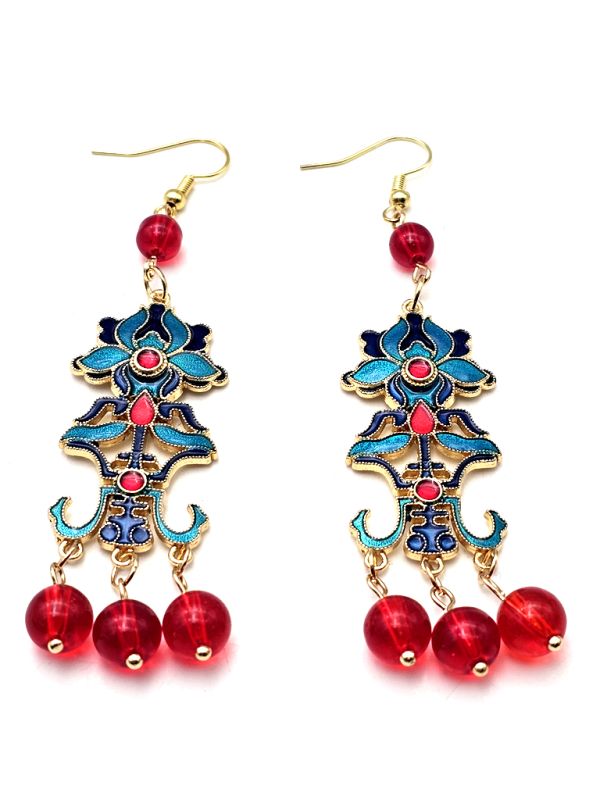 Cliquez sur la vignette pour agrandir et survolez la photo pour zoomer Boucles d'oreilles chinoises en émail - Cloisonné - Fleur et signe chinois 2