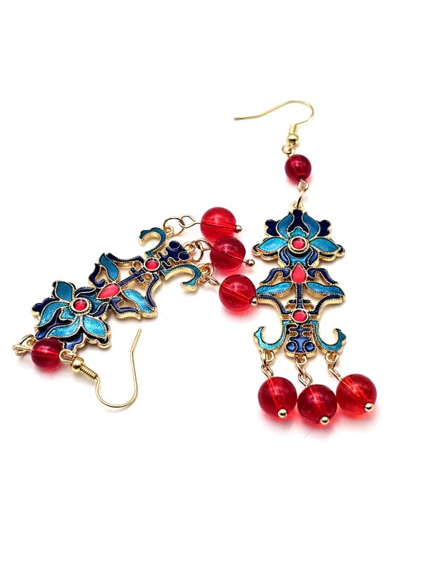 Cliquez sur la vignette pour agrandir et survolez la photo pour zoomer Boucles d'oreilles chinoises en émail - Cloisonné - Fleur et signe chinois 3