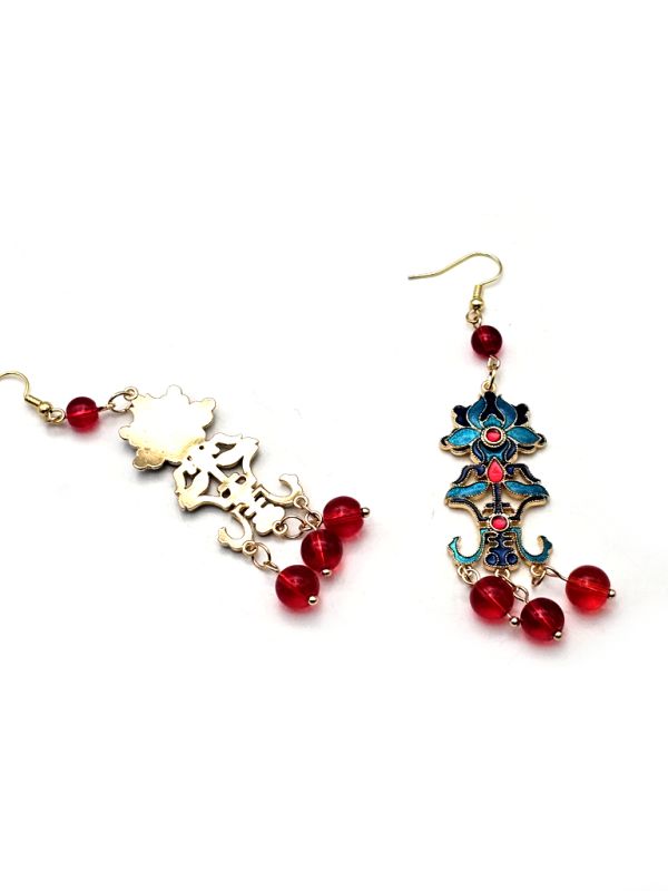Cliquez sur la vignette pour agrandir et survolez la photo pour zoomer Boucles d'oreilles chinoises en émail - Cloisonné - Fleur et signe chinois 4