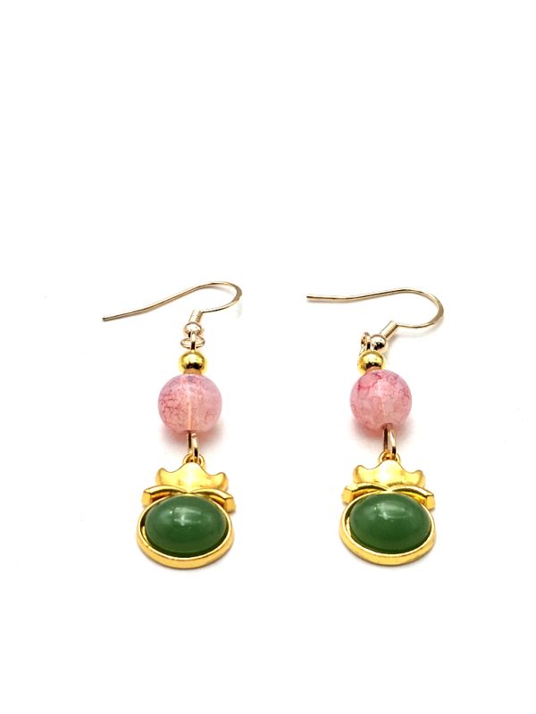 Cliquez sur la vignette pour agrandir et survolez la photo pour zoomer Boucles d'oreilles chinoises en émail - Cloisonné - Perles rose et verte 2