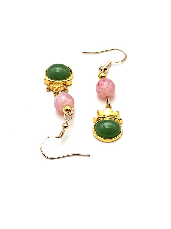Cliquez sur la vignette pour agrandir et survolez la photo pour zoomer Boucles d'oreilles chinoises en émail - Cloisonné - Perles rose et verte 3