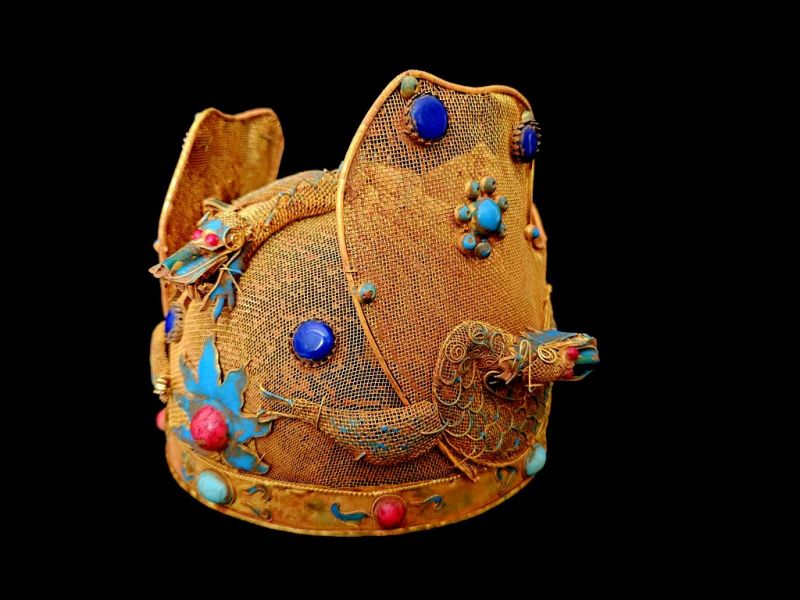 Coiffe Théâtrale Impériale aux Têtes de Dragon et Émaux Turquoises
