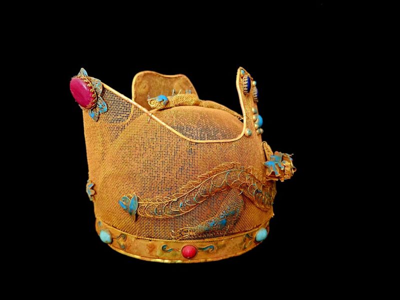 Cliquez sur la vignette pour agrandir et survolez la photo pour zoomer Coiffe Théâtrale Impériale aux Têtes de Dragon et Émaux Turquoises 4