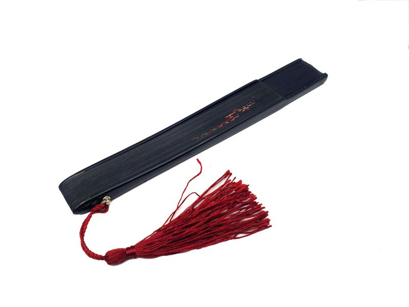 Cliquez sur la vignette pour agrandir et survolez la photo pour zoomer Éventail Asiatique - Peint à la main - Fleurs de cerisier - Noir 4