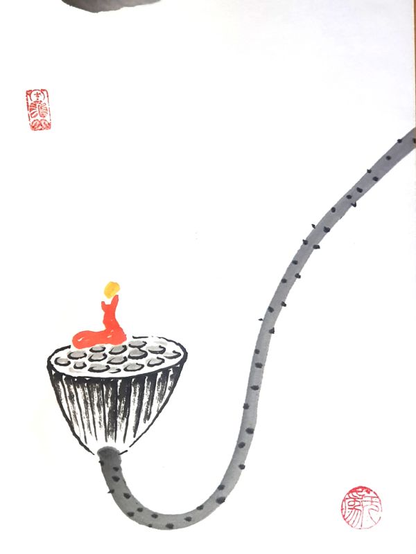 Cliquez sur la vignette pour agrandir et survolez la photo pour zoomer Peinture chinoise moderne - aquarelles sur papier de riz - Le moine sur la fleur de lotus 2