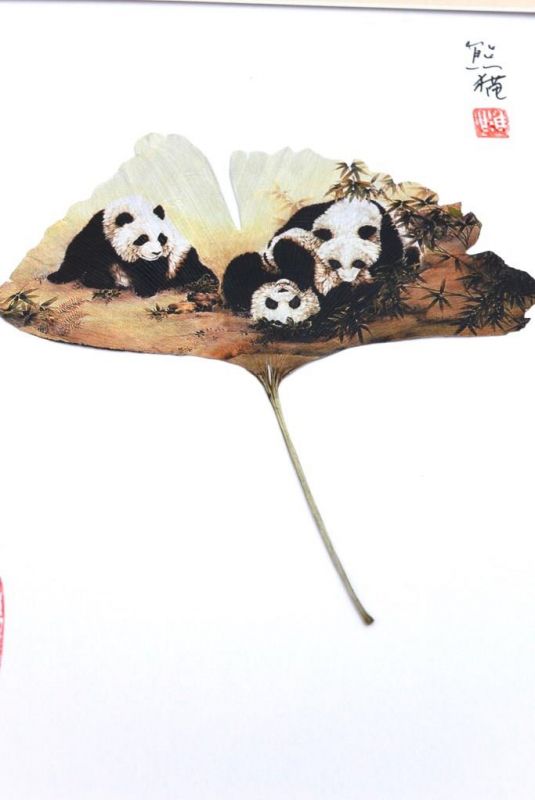 Cliquez sur la vignette pour agrandir et survolez la photo pour zoomer Peinture chinoise sur feuille d'arbre - 3 Pandas 2
