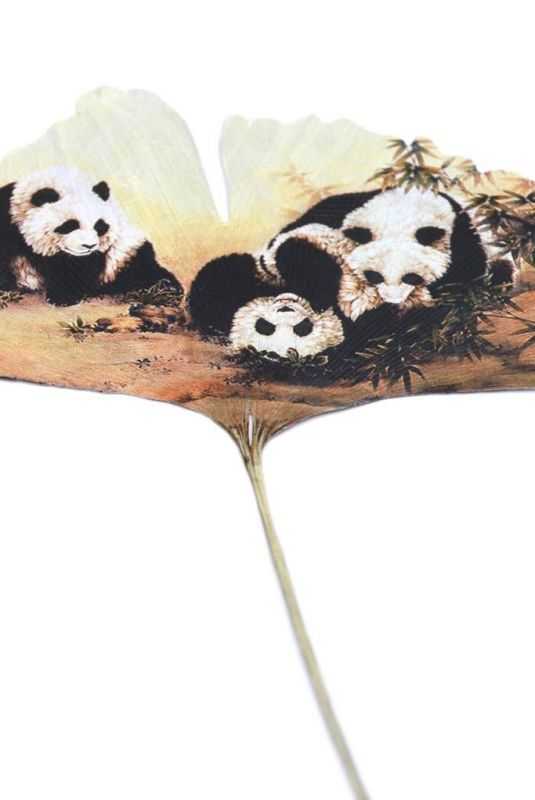 Cliquez sur la vignette pour agrandir et survolez la photo pour zoomer Peinture chinoise sur feuille d'arbre - 3 Pandas 3