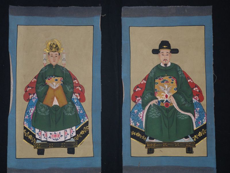 Petit Couple d'ancêtres chinois Peinture asiatique Vert impérial