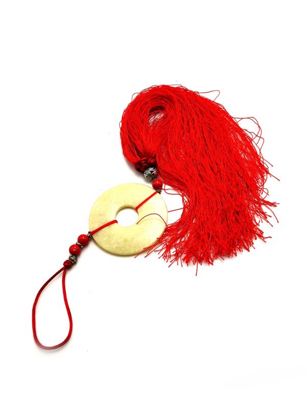 Cliquez sur la vignette pour agrandir et survolez la photo pour zoomer Petit Disque Bi suspendu en Jade et Soie Blanc Rouge 3