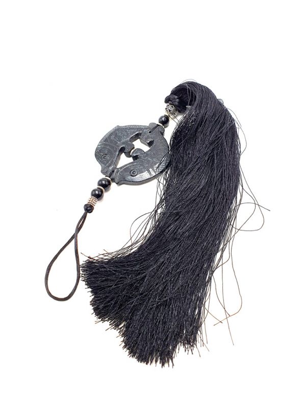 Cliquez sur la vignette pour agrandir et survolez la photo pour zoomer Petit Disque Bi suspendu en Jade et Soie Noir 3