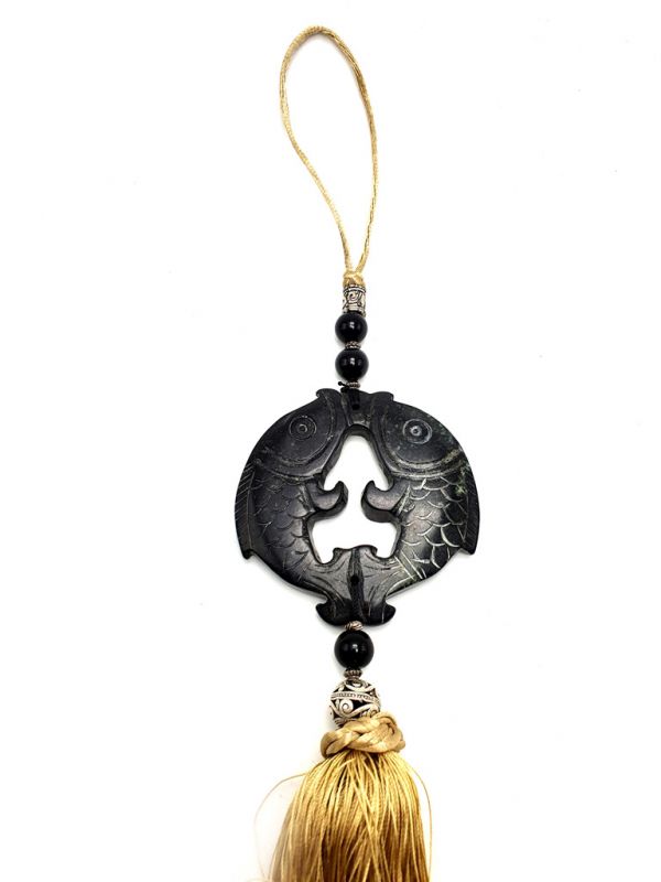 Cliquez sur la vignette pour agrandir et survolez la photo pour zoomer Petit Disque Bi suspendu en Jade et Soie Nœud sans fin - Noir et Blanc 2