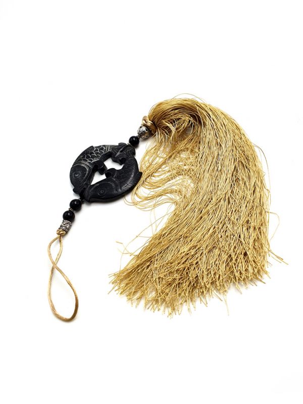 Cliquez sur la vignette pour agrandir et survolez la photo pour zoomer Petit Disque Bi suspendu en Jade et Soie Nœud sans fin - Noir et Blanc 3