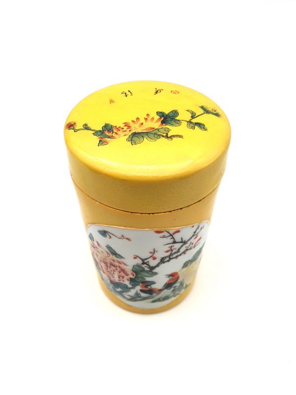 Cliquez sur la vignette pour agrandir et survolez la photo pour zoomer Petite Potiche Chinoise en Porcelaine Colorée - Jaune - Oiseaux sur une branche 3