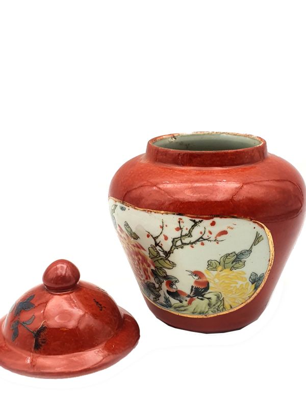 Cliquez sur la vignette pour agrandir et survolez la photo pour zoomer Petite Potiche Chinoise en Porcelaine Colorée - Les deux oiseaux sur une branche - Pivoine 3