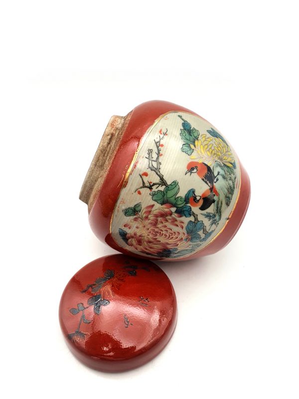 Cliquez sur la vignette pour agrandir et survolez la photo pour zoomer Petite Potiche Chinoise en Porcelaine Colorée - Rouge - Deux oiseaux sur l'arbre 4