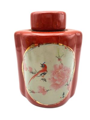Petite Potiche Chinoise en Porcelaine Colorée - Rouge - Oiseau et fleurs de cerisier
