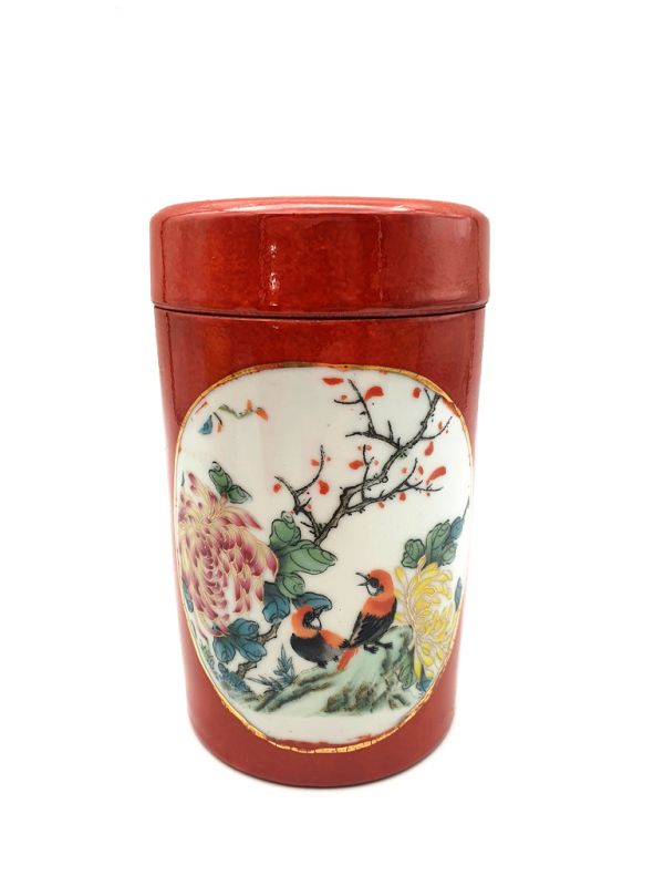 Cliquez sur la vignette pour agrandir et survolez la photo pour zoomer Petite Potiche Chinoise en Porcelaine Colorée - Rouge - Oiseaux sur une branche 2