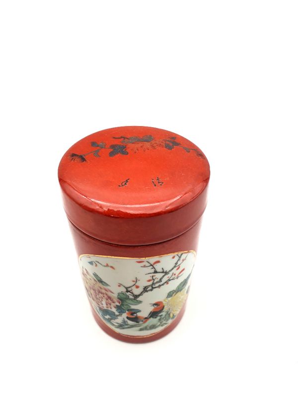Cliquez sur la vignette pour agrandir et survolez la photo pour zoomer Petite Potiche Chinoise en Porcelaine Colorée - Rouge - Oiseaux sur une branche 3