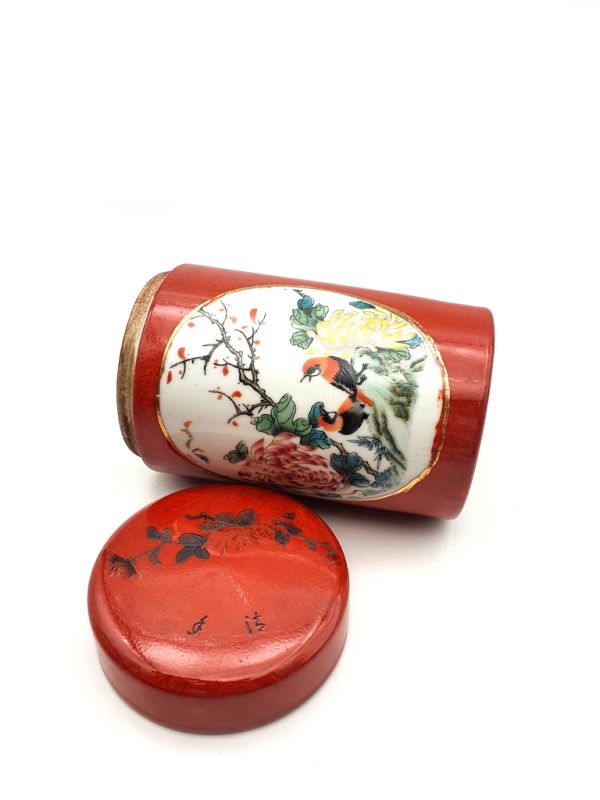 Cliquez sur la vignette pour agrandir et survolez la photo pour zoomer Petite Potiche Chinoise en Porcelaine Colorée - Rouge - Oiseaux sur une branche 5