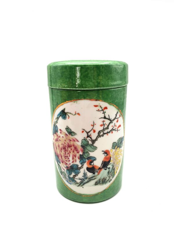 Cliquez sur la vignette pour agrandir et survolez la photo pour zoomer Petite Potiche Chinoise en Porcelaine Colorée - Vert - Oiseaux sur une branche 2