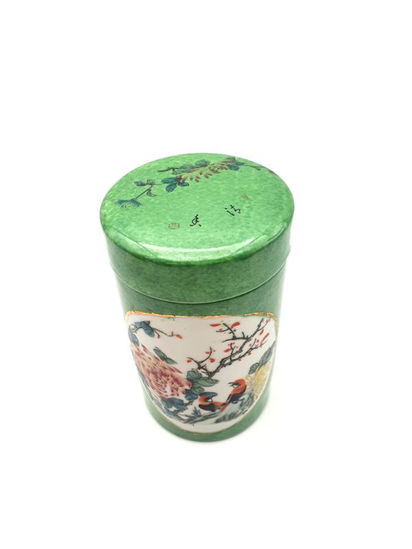 Cliquez sur la vignette pour agrandir et survolez la photo pour zoomer Petite Potiche Chinoise en Porcelaine Colorée - Vert - Oiseaux sur une branche 3