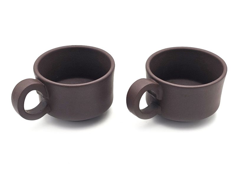 Tasses chinoises en terre de Yixing - Argile Brune Zi Ni - Lot de 2 tasses avec anse - 90ml